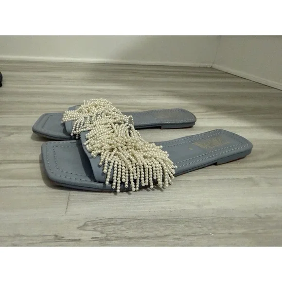 Zara Women's Light Blue Slides Sandals EU Sz 38 US Sz 7 Pearl Detailing Feminine - Picture 1 of 6